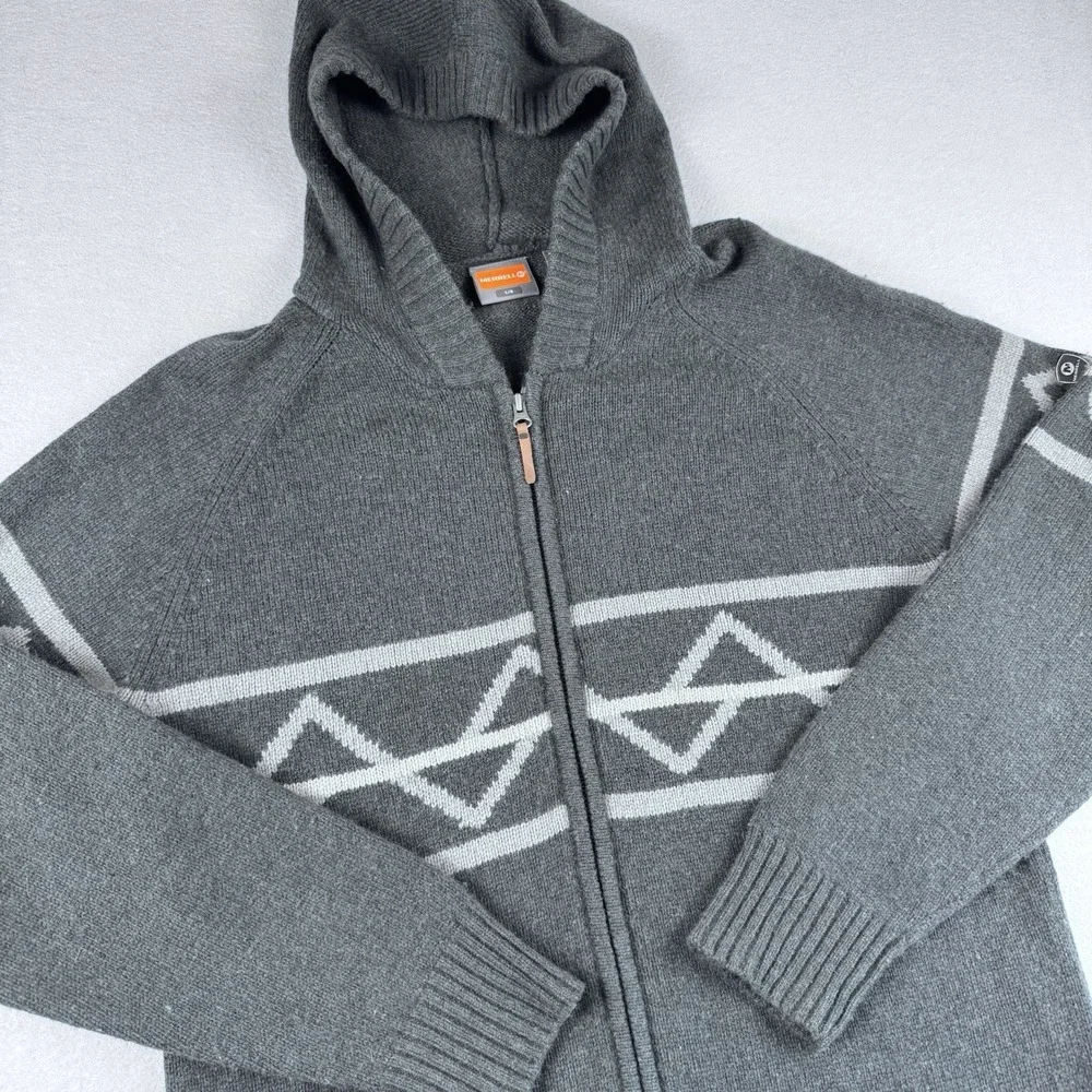 Merrell Wool Blend Hoodie Sweater Men L Gray Aztec Full-Zip Long Sleeve Fleece